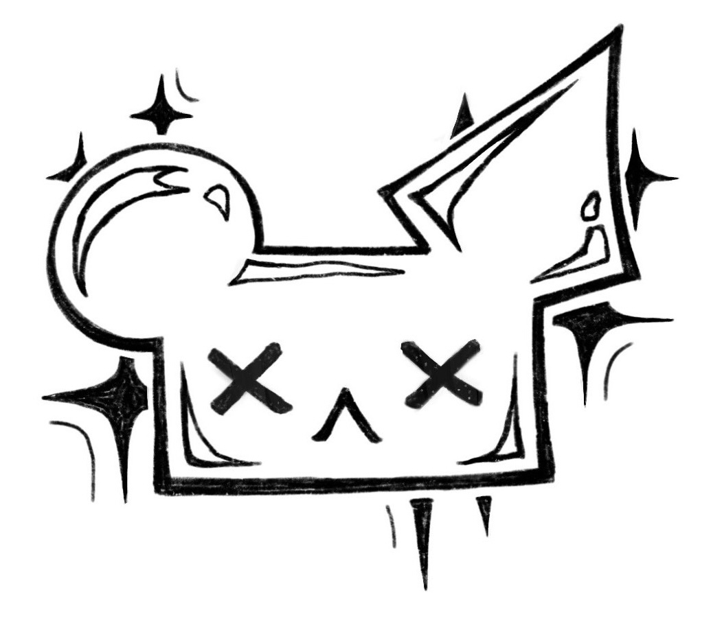 a black and white ink drawing of a mouse-like character's head with X-eyes and stars surrounding