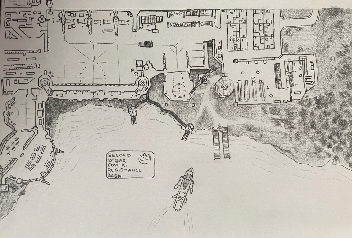 a detailed pencil drawn map of a base from Starwars, the text reads "Second D'Qar Covert Resistance Base"