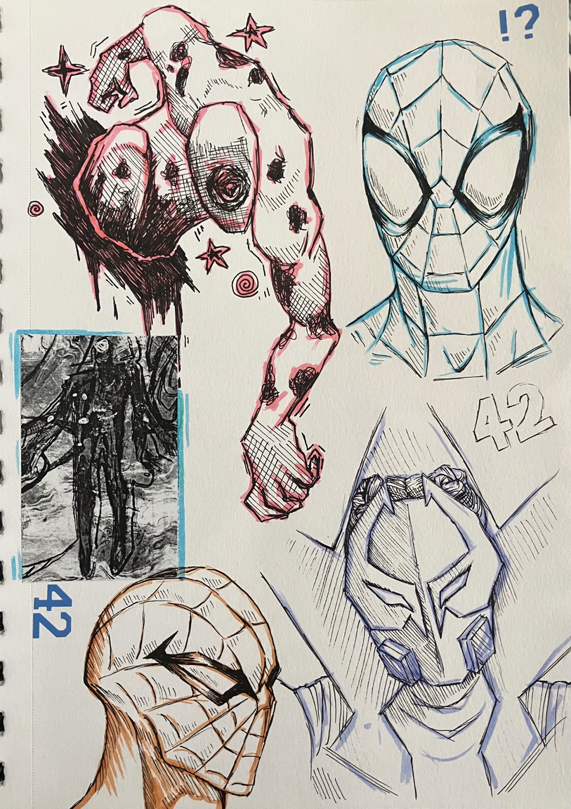 a marker and ink collection of Spiderman drawings and associated characters