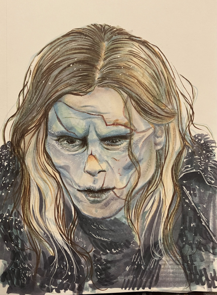 a marker drawing of the creature from the 2025 Frankenstein Movie