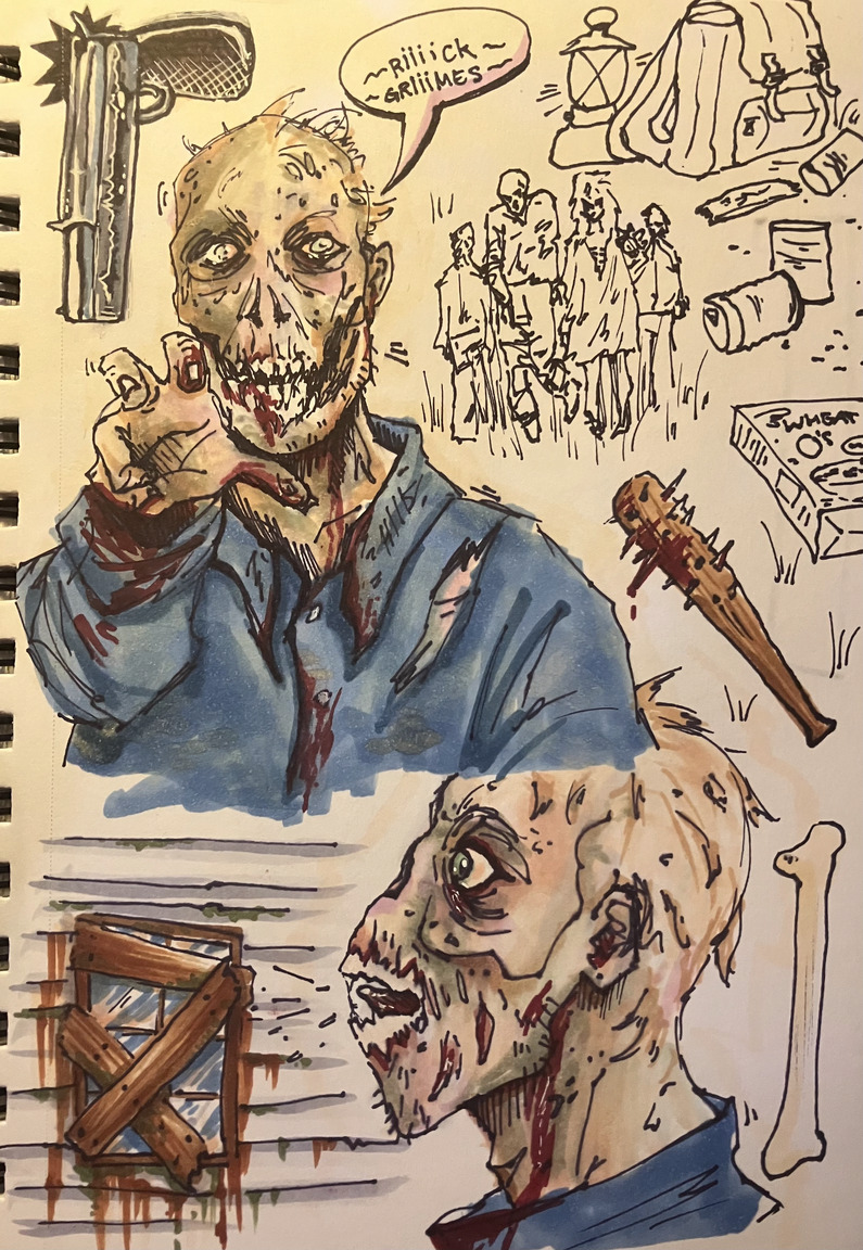 a marker and ink collection of The Walking Dead zombies and associated items, the zombie's speech bubble reads "Rick Grimes"
