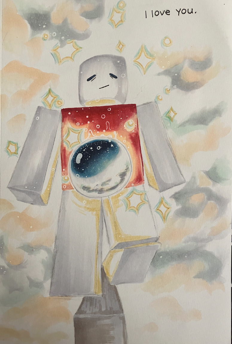 a marker drawing of a boxy game character floating in the clouds with a reflective orb, looking contently, the text reads "I love you"