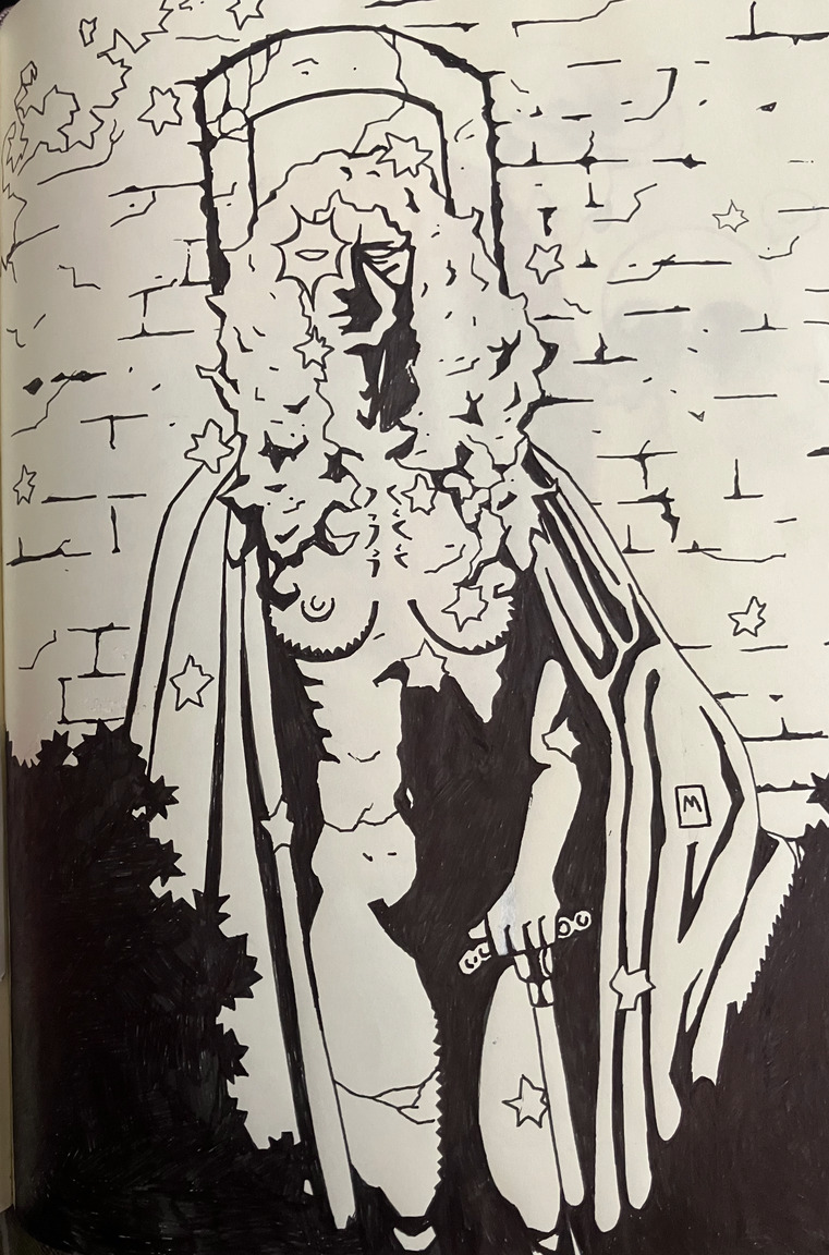 an ink drawing of a weathered stone stature in front of a stone wall, recreating the style of Mike Mignola