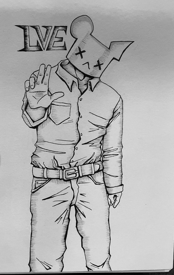 a black and white ink drawing of a mouse-like character's full body, he poses with his head cocked and his hand out, the text above reads "LVE"