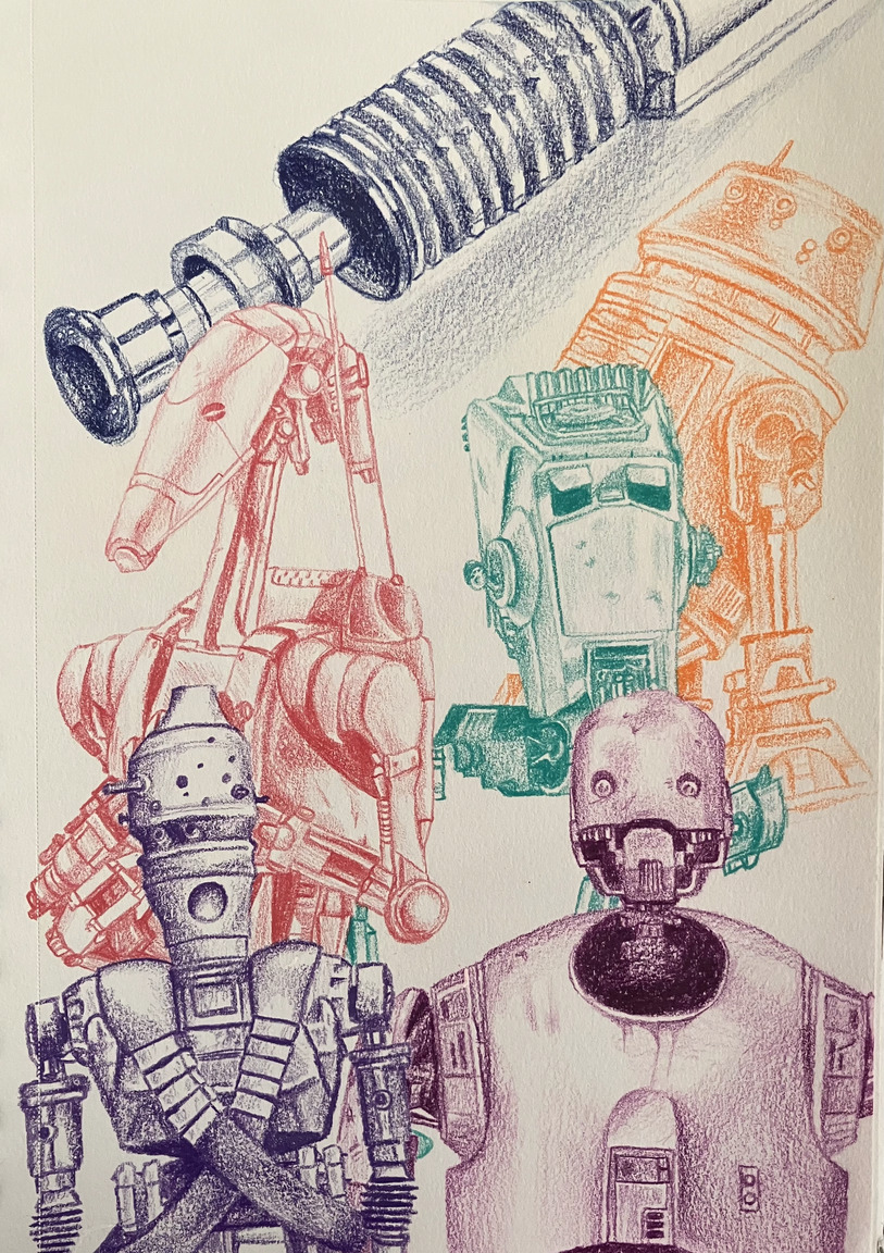 a collection of colored pencil realism droids and light sabers from Starwars, each one, monochrome in a different color