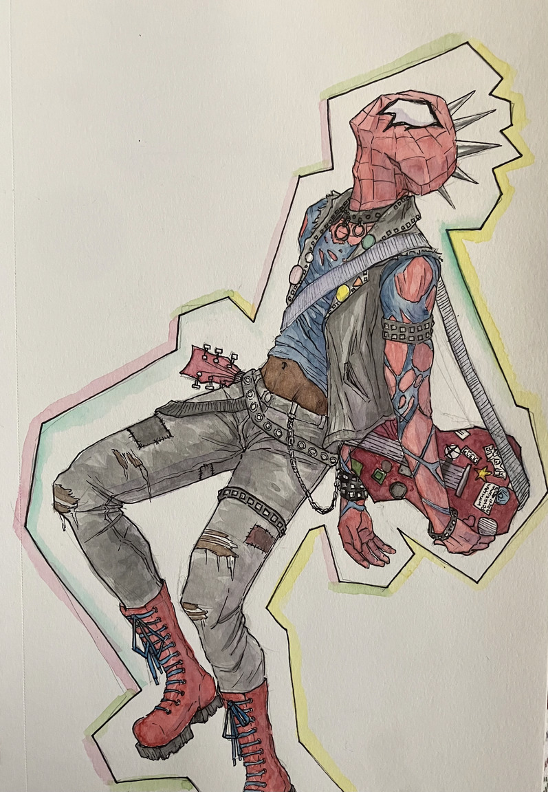 a detailed watercolor and ink of Spider Punk with a guitar slung around him in a limp position