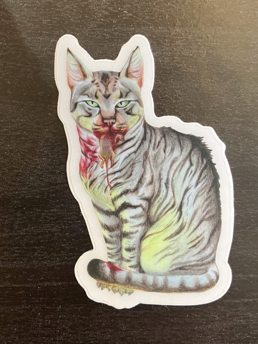 a sticker of colored pencil art of a colored cat, sitting with a mouse in its jaws 