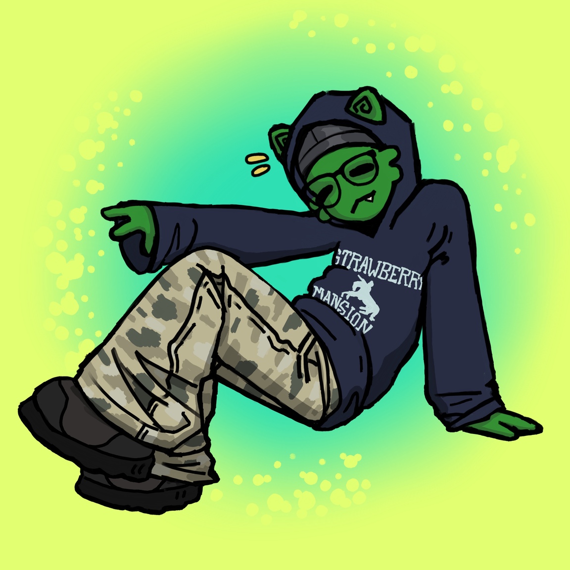a digital drawing of an anthropomorphic cat character with green fur, glasses, a durag, a sweatshirt and camo pants