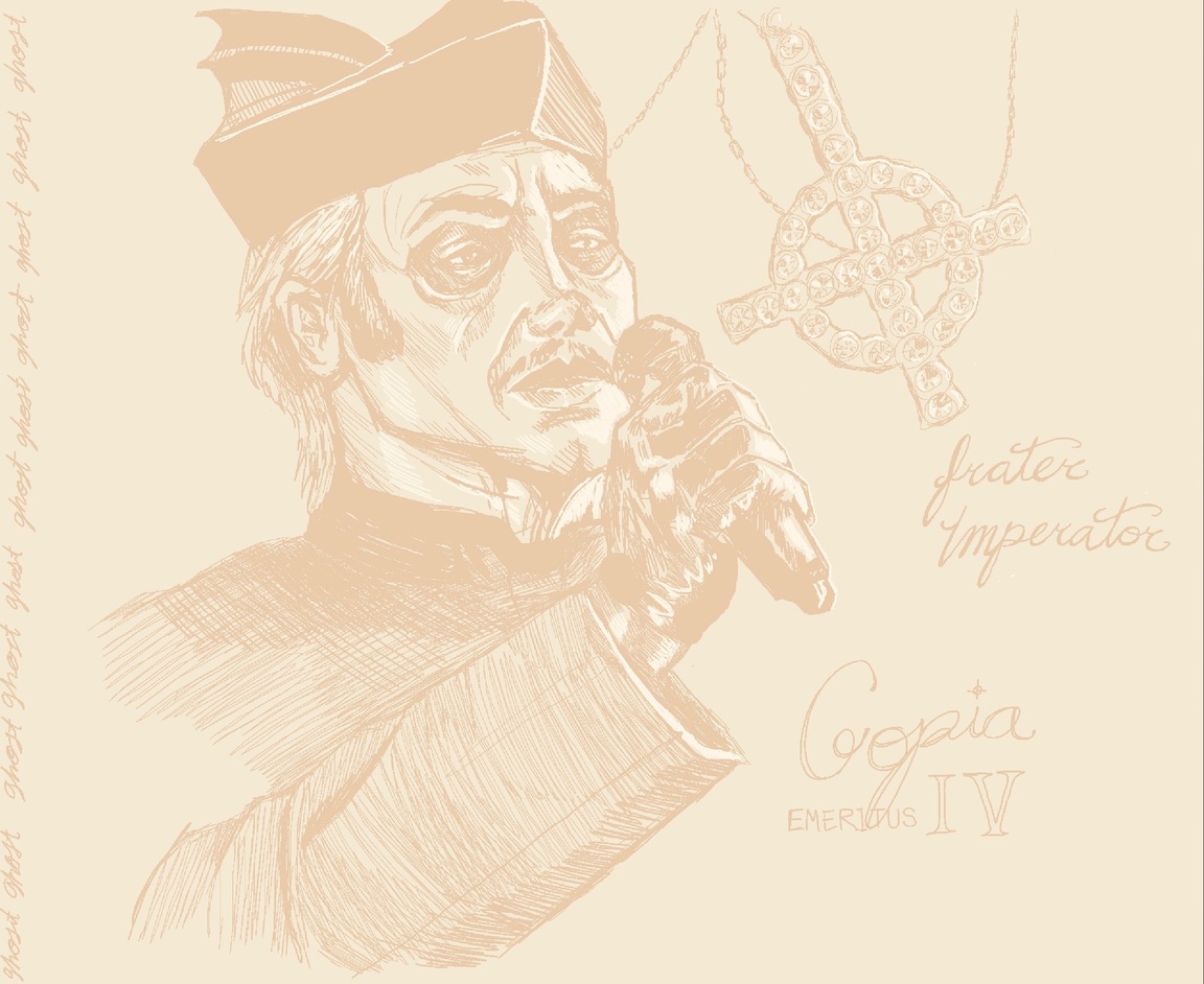 a tan-toned, low contrast digital drawing of a singer dressed as a priest and an close-up of his rosary, the text beside reads "ghost, frater imperator, Copia emeritus II" 