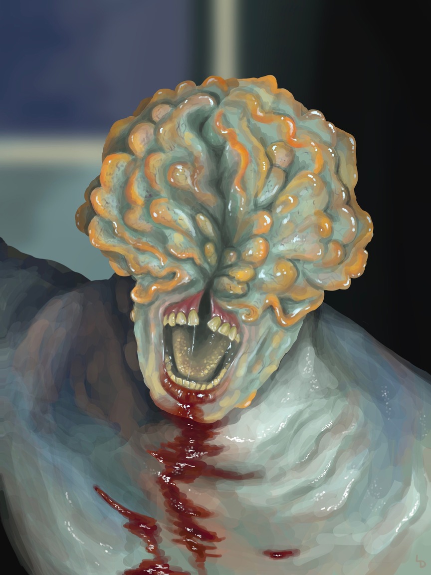 a digital painting of a realistically rendered clicker zombie from The Last of Us with mushroom growths on its head