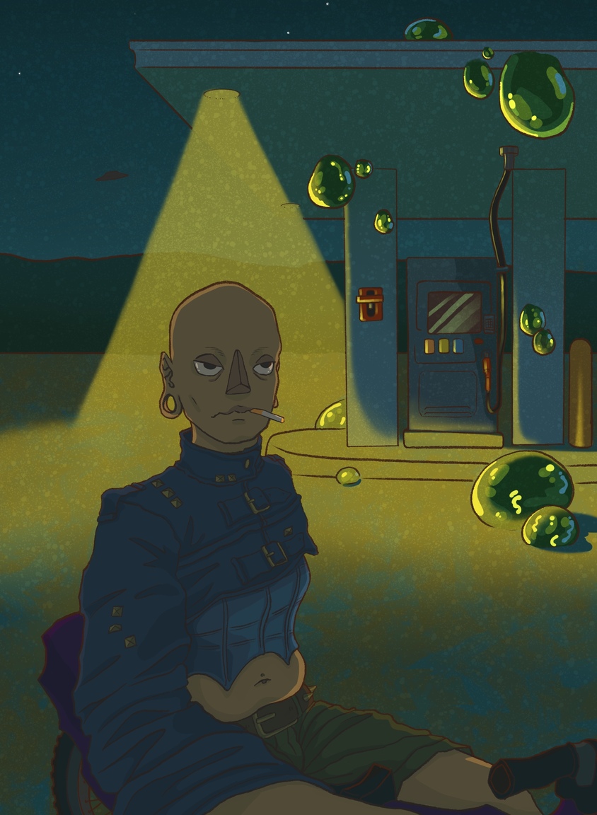 a digital drawing of a character smoking while sitting on a motorcycle at a gas station, in the background, green bubbles of slime seep from the structures