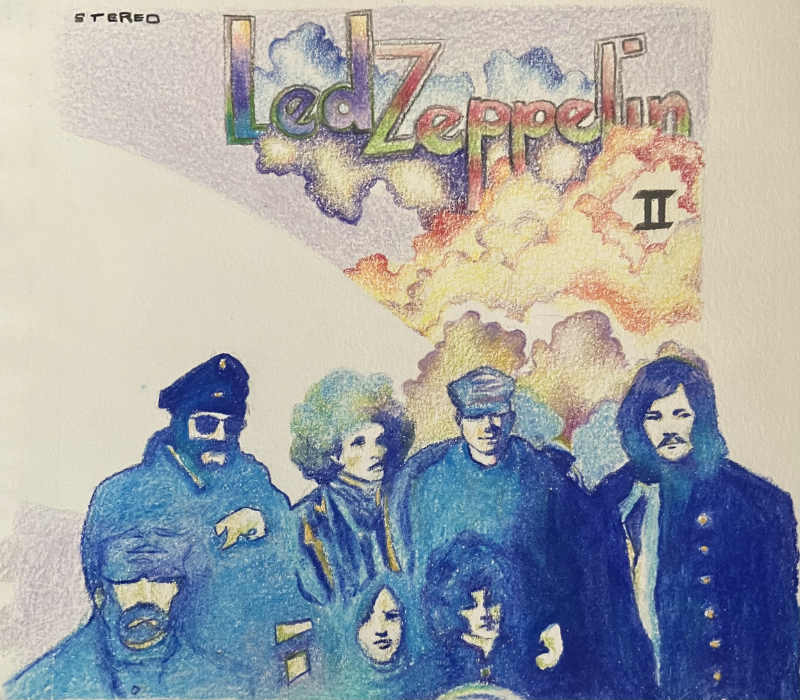 a colored pencil recreation of a Led Zeppelin album cover with seven people, clouds and text that reads "stereo, Led Zeppelin II"