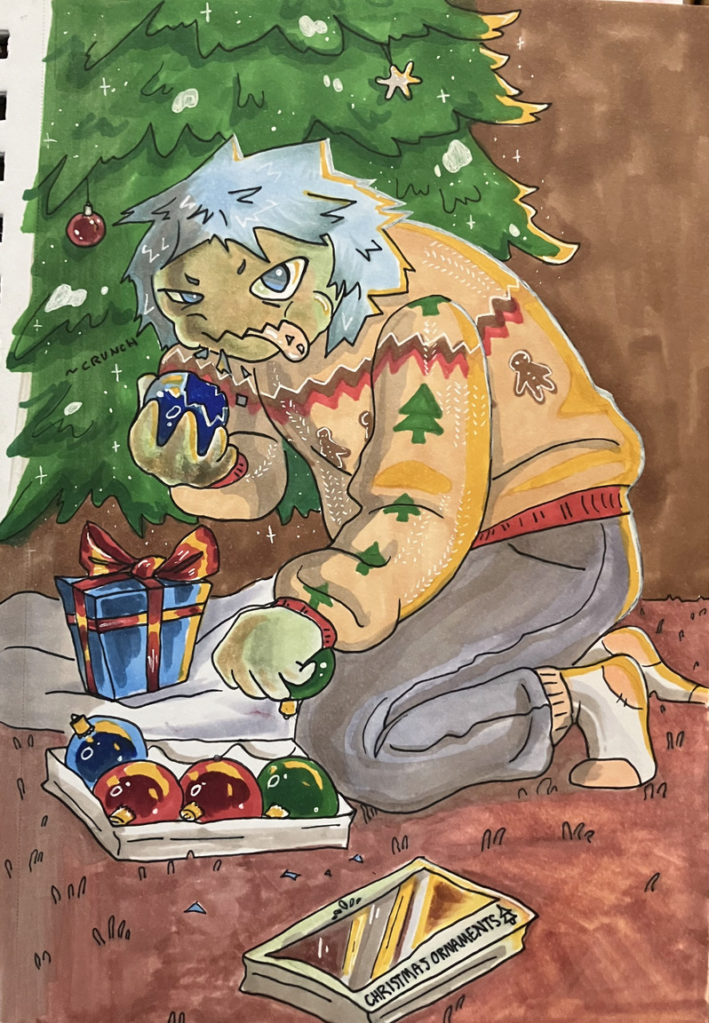 a marker and ink drawing of a character eating Christmas ornaments in a decorated living room