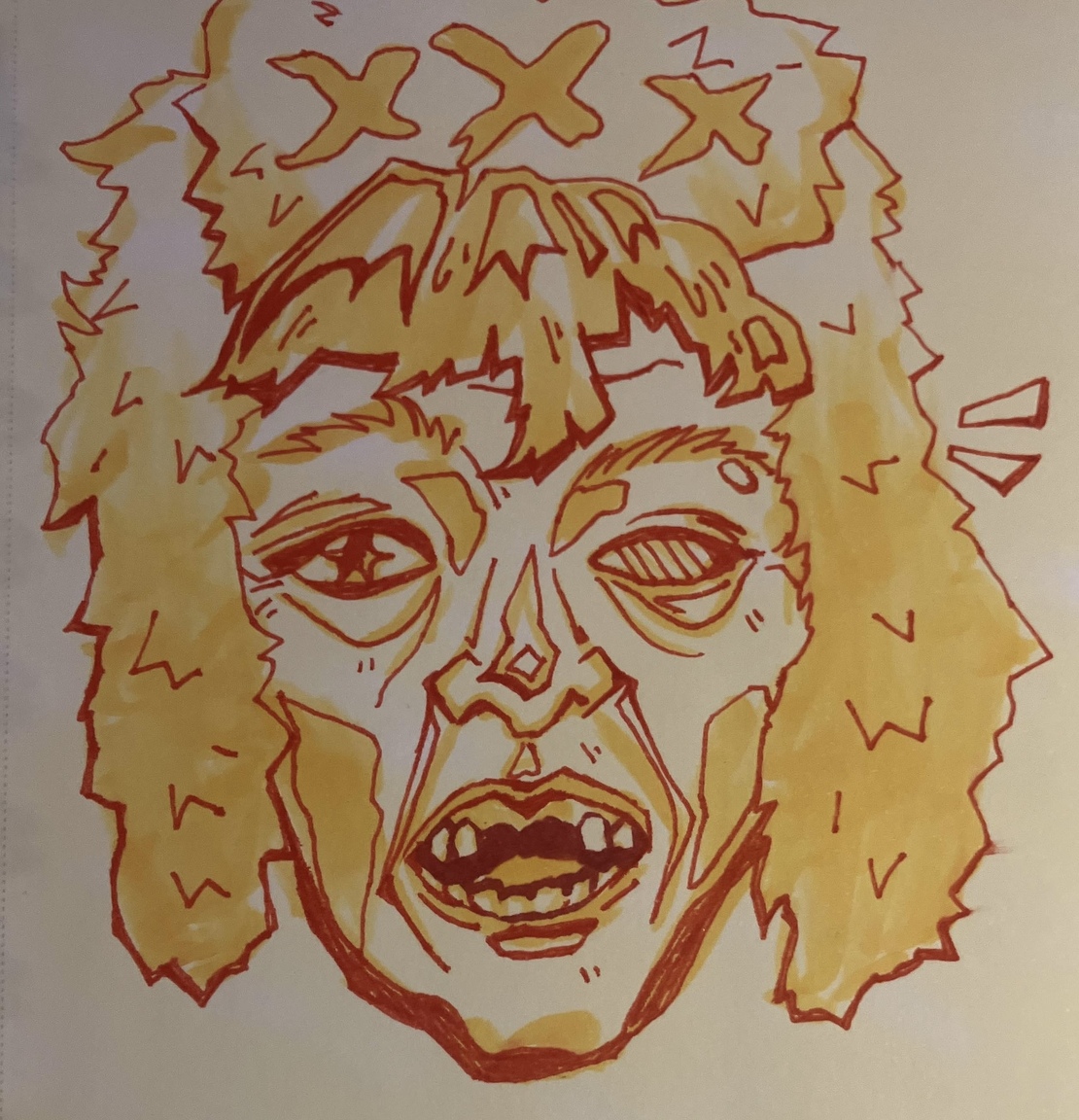 a stylized red ink and yellow marker drawing of an old person missing some teeth, wearing a ushanka hat