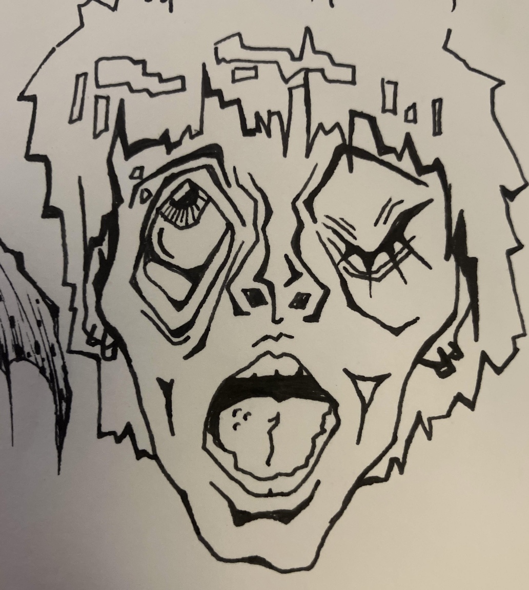 a stylized ink drawing of a person with one eye closed and mouth wide open