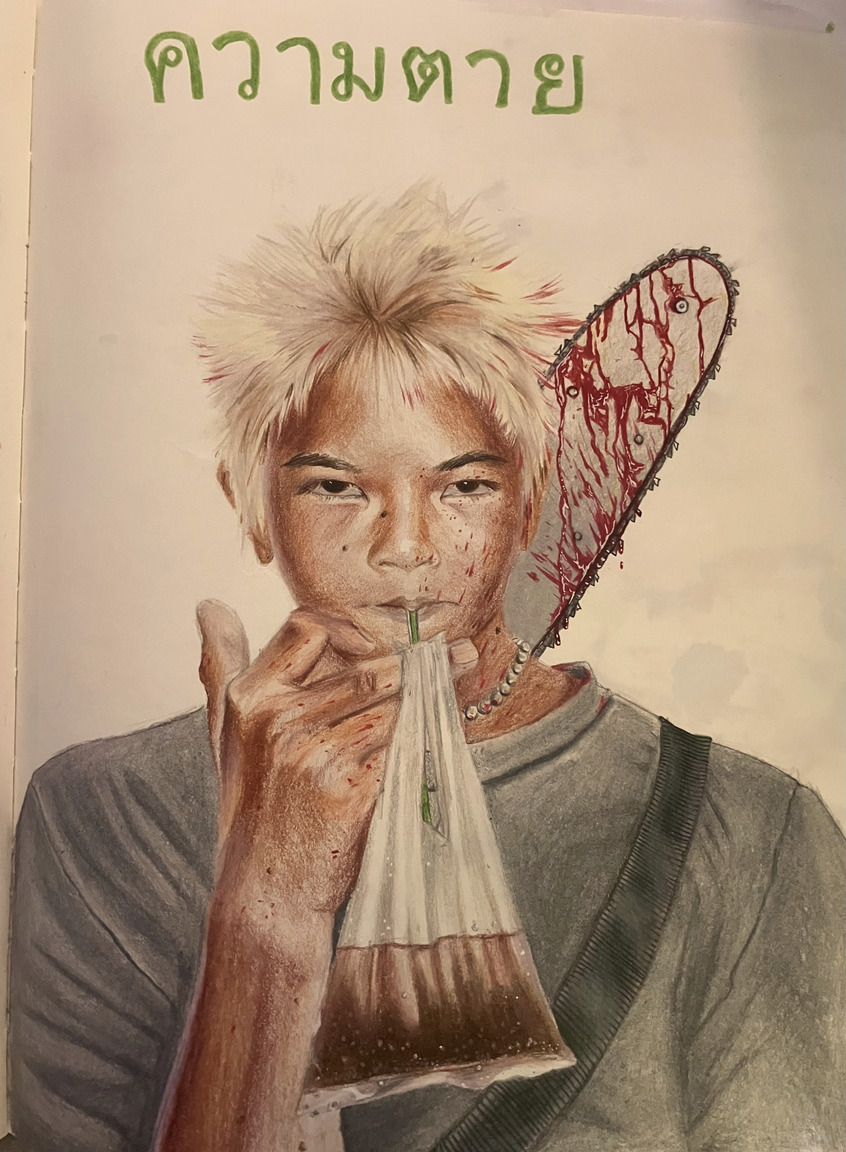 realism colored pencil drawing of a Thai boy drinking a bag of soda with a bloody chainsaw on his back, Thai text above him reads "Kwām Tāy"