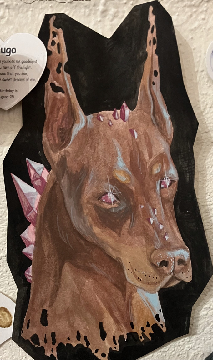 a watercolor realism painting of a doberman pincer with holes in its ears, shining oink eyes, and pink crystal formations growing from its back